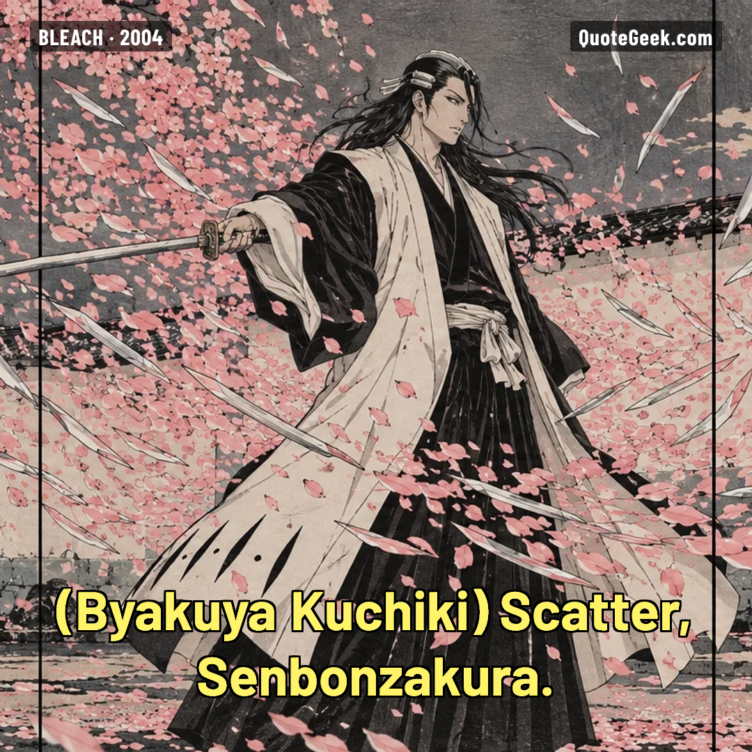 “Scatter, Senbonzakura.” — Byakuya Kuchiki · Bleach. Illustrated QuoteGeek card.