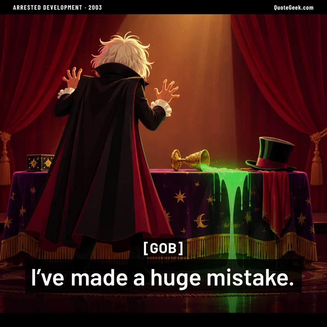 “I’ve made a huge mistake.” — Gob · Arrested Development. Illustrated QuoteGeek card.