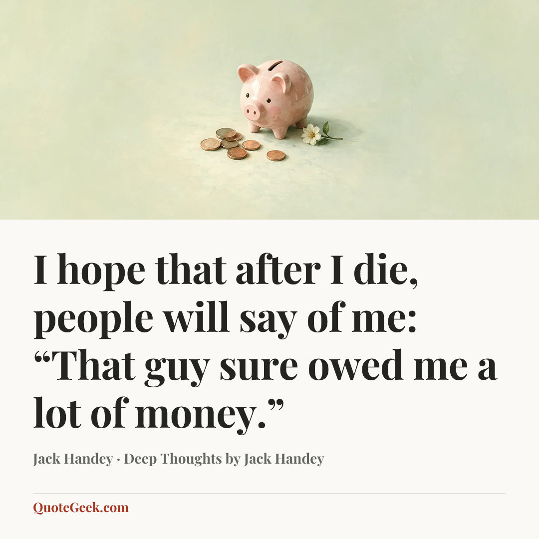 “I hope that after I die, people will say of me: “That guy sure owed me a lot of money.”” — Jack Handey · Deep Thoughts by Jack Handey. Illustrated QuoteGeek card.