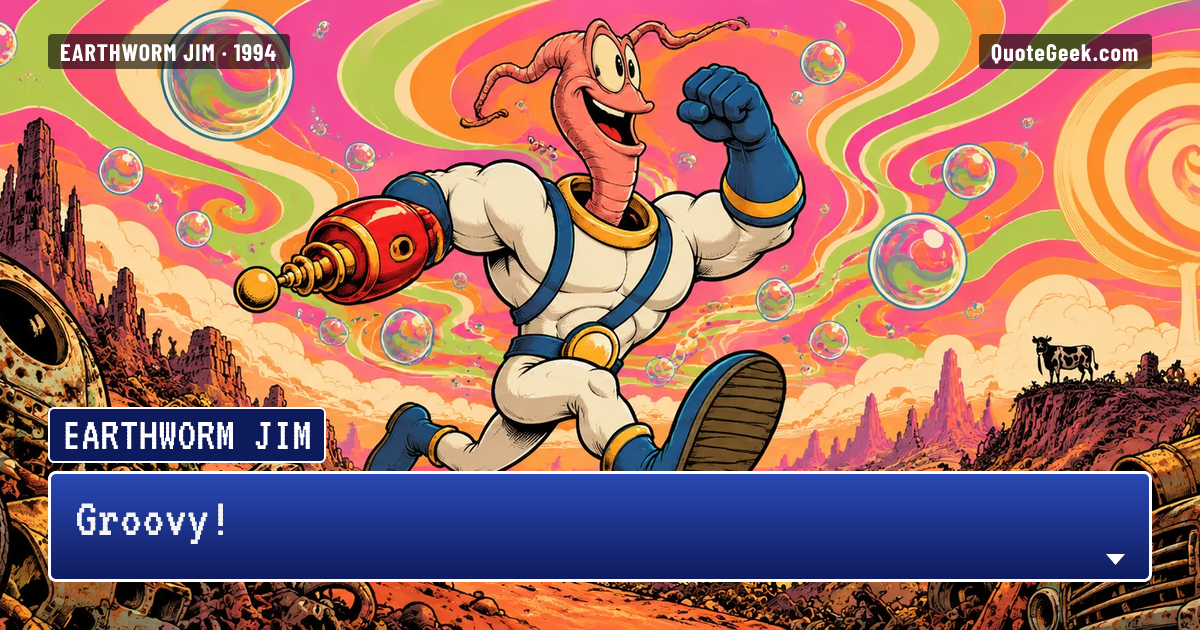 “Groovy!” — Earthworm Jim · Earthworm Jim. Illustrated QuoteGeek card.