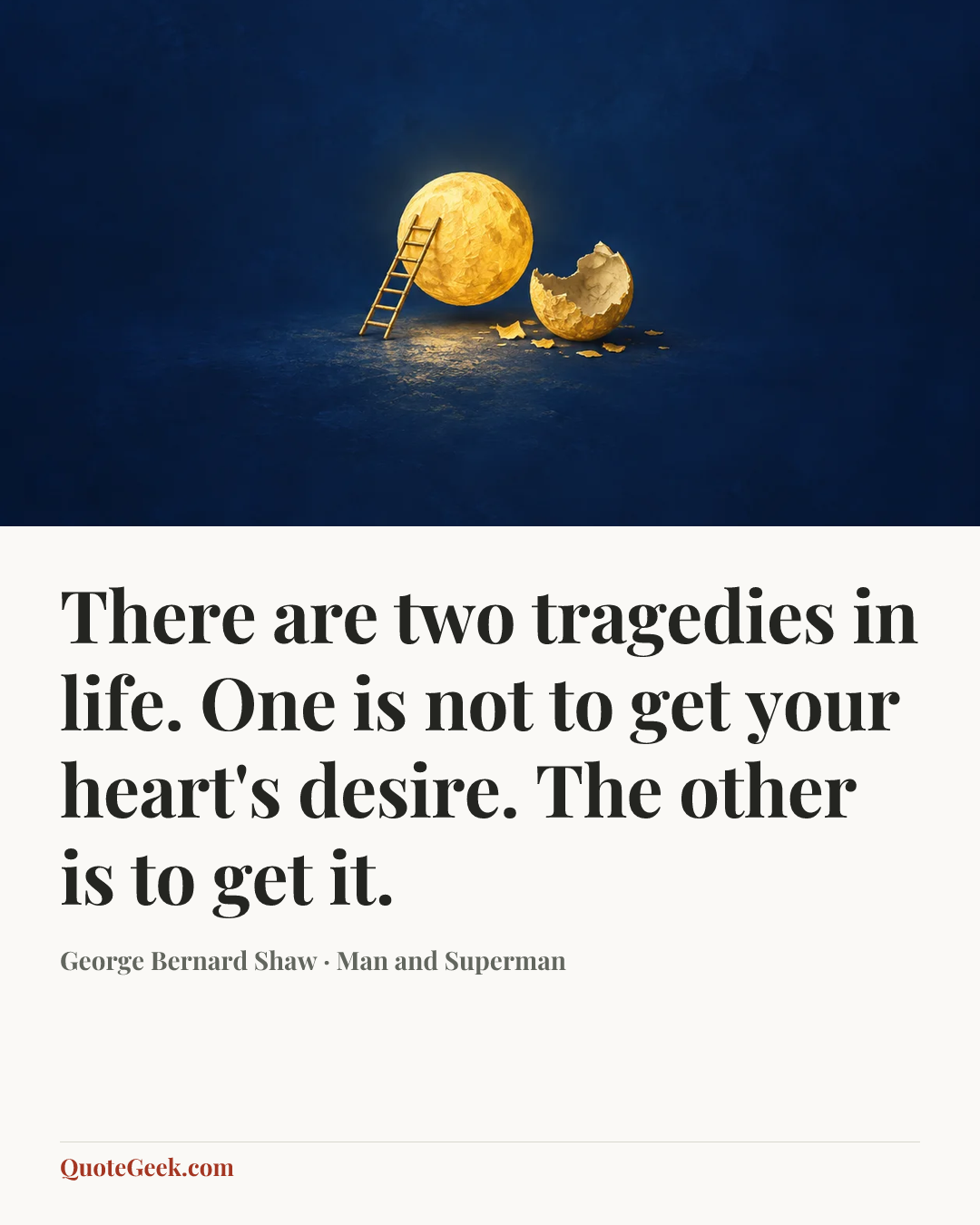 “There are two tragedies in life. One is not to get your heart's desire. The other is to get it.” — George Bernard Shaw · Man and Superman. Illustrated QuoteGeek card.