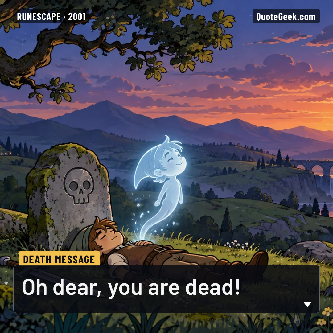 “Oh dear, you are dead!” — Death message · RuneScape. Illustrated QuoteGeek card.