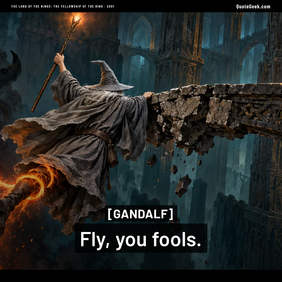 “Fly, you fools.” — Gandalf · The Lord of the Rings: The Fellowship of the Ring. Illustrated QuoteGeek card.