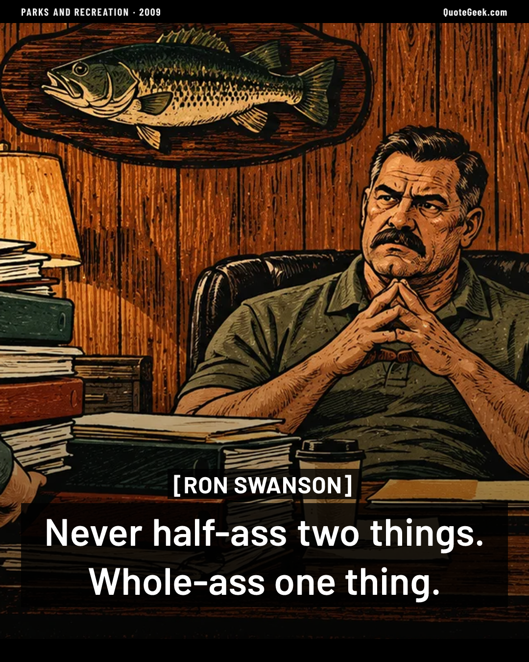 “Never half-ass two things. Whole-ass one thing.” — Ron Swanson · Parks and Recreation. Illustrated QuoteGeek card.