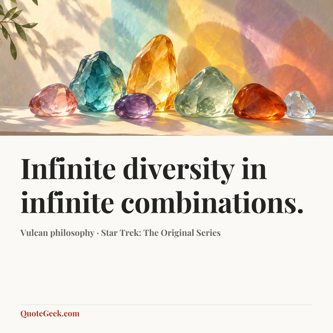 “Infinite diversity in infinite combinations.” — Vulcan philosophy · Star Trek: The Original Series. Illustrated QuoteGeek card.