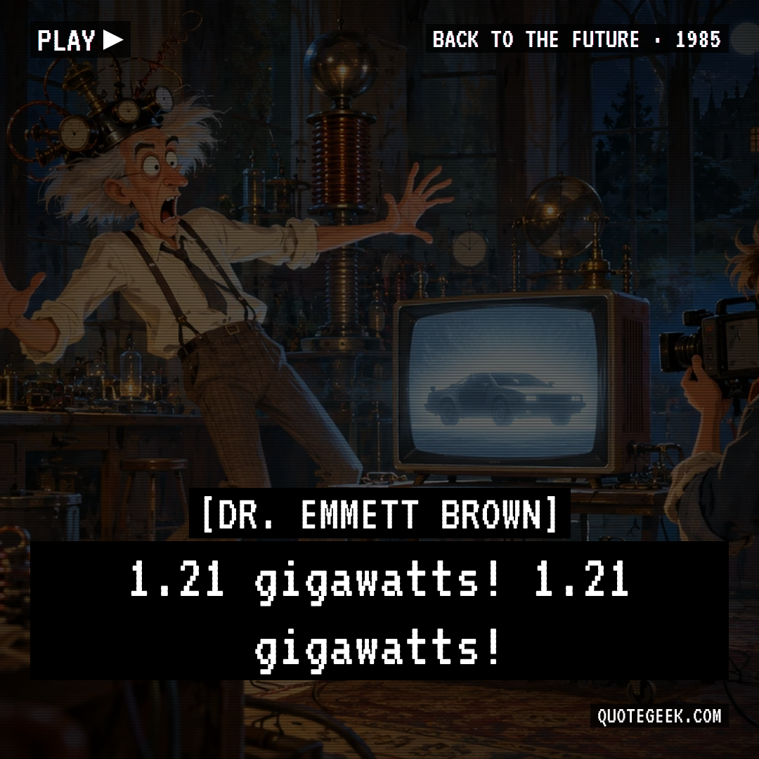 “1.21 gigawatts! 1.21 gigawatts!” — Dr. Emmett Brown · Back to the Future. Illustrated QuoteGeek card.