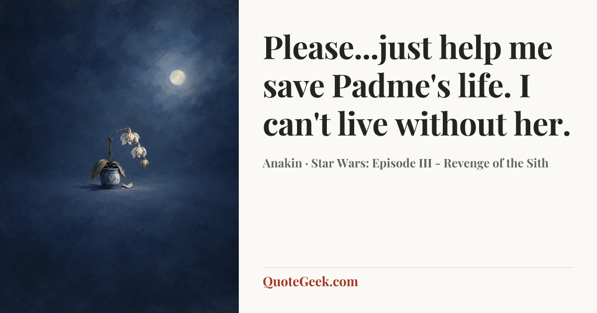 “Please...just help me save Padme's life. I can't live without her.” — Anakin · Star Wars: Episode III - Revenge of the Sith. Illustrated QuoteGeek card.