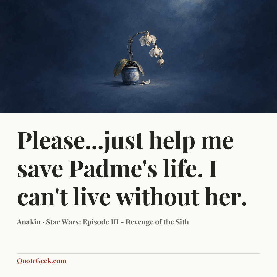 “Please...just help me save Padme's life. I can't live without her.” — Anakin · Star Wars: Episode III - Revenge of the Sith. Illustrated QuoteGeek card.