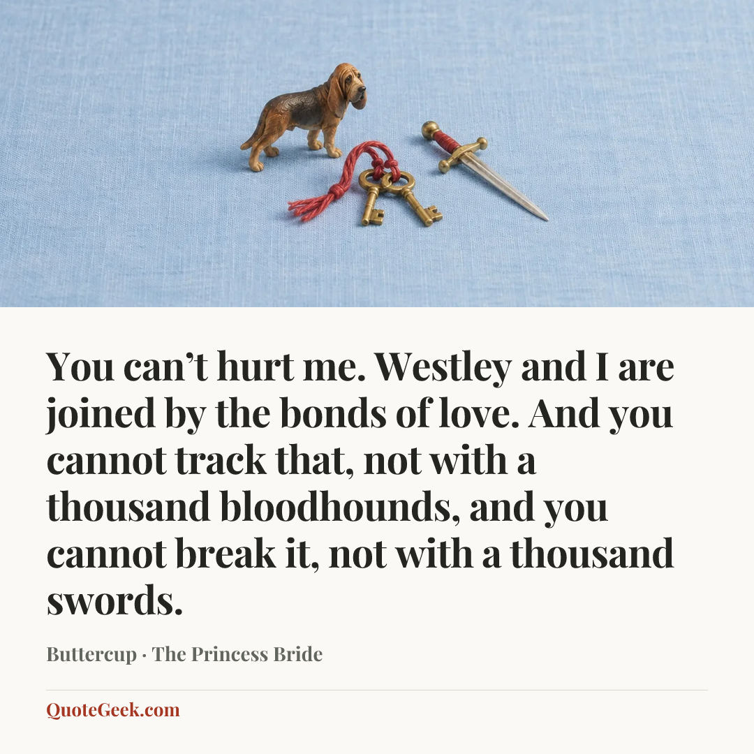 “You can’t hurt me. Westley and I are joined by the bonds of love. And you cannot track that, not with a thousand bloodhounds, and you cannot break it, not with a thousand swords.” — Buttercup · The Princess Bride. Illustrated QuoteGeek card.