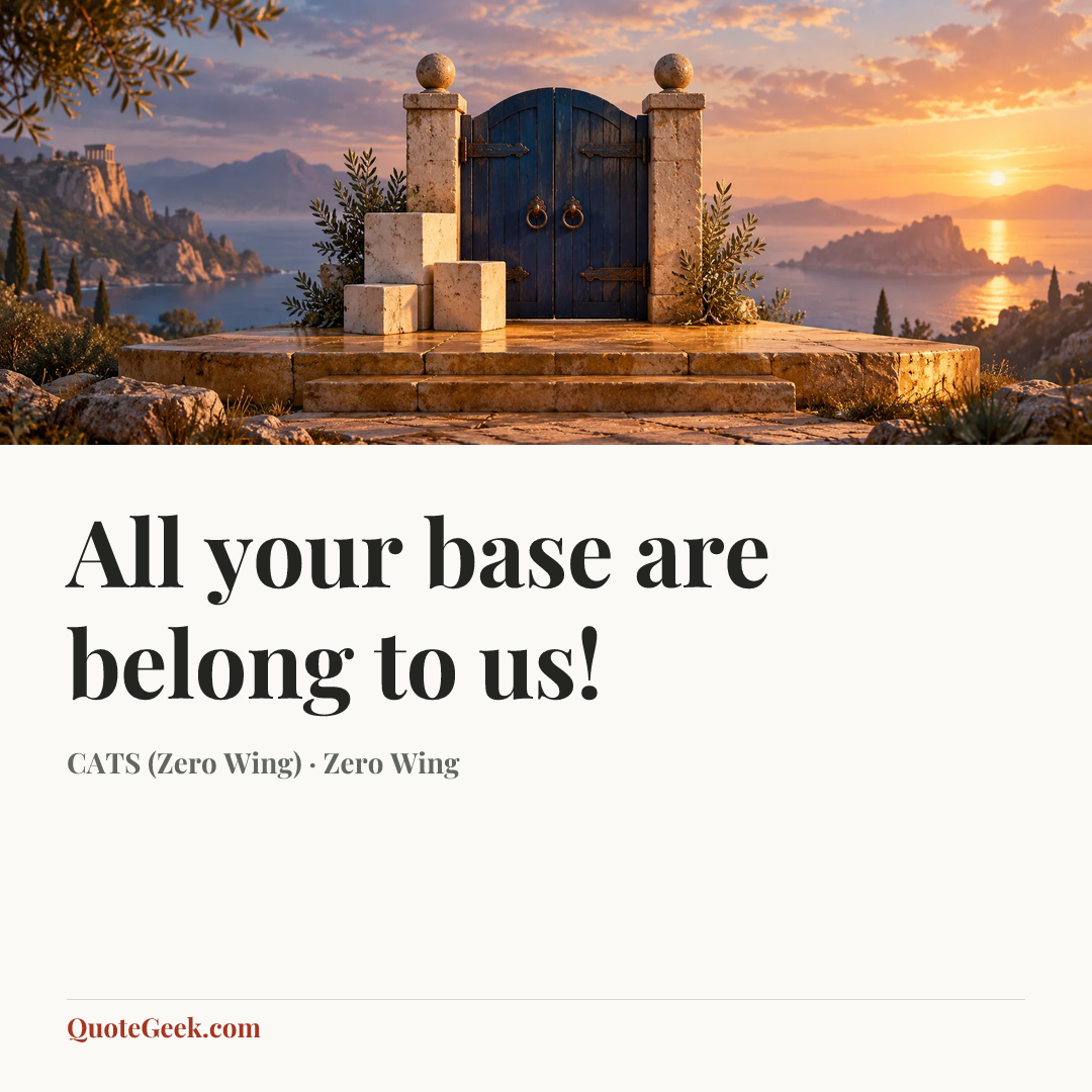 “All your base are belong to us!” — CATS (Zero Wing) · Zero Wing. Illustrated QuoteGeek card.