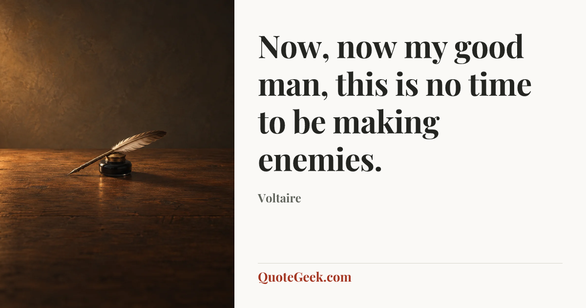 “Now, now my good man, this is no time to be making enemies.” — Voltaire. Illustrated QuoteGeek card.