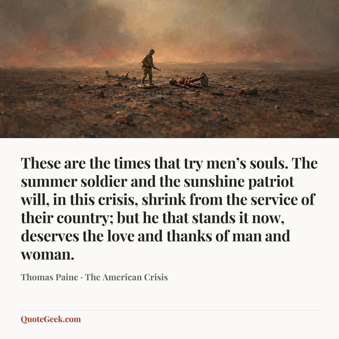 “These are the times that try men’s souls. The summer soldier and the sunshine patriot will, in this crisis, shrink from the service of their country; but he that stands it now, deserves the love and thanks of man and woman.” — Thomas Paine · The American Crisis. Illustrated QuoteGeek card.