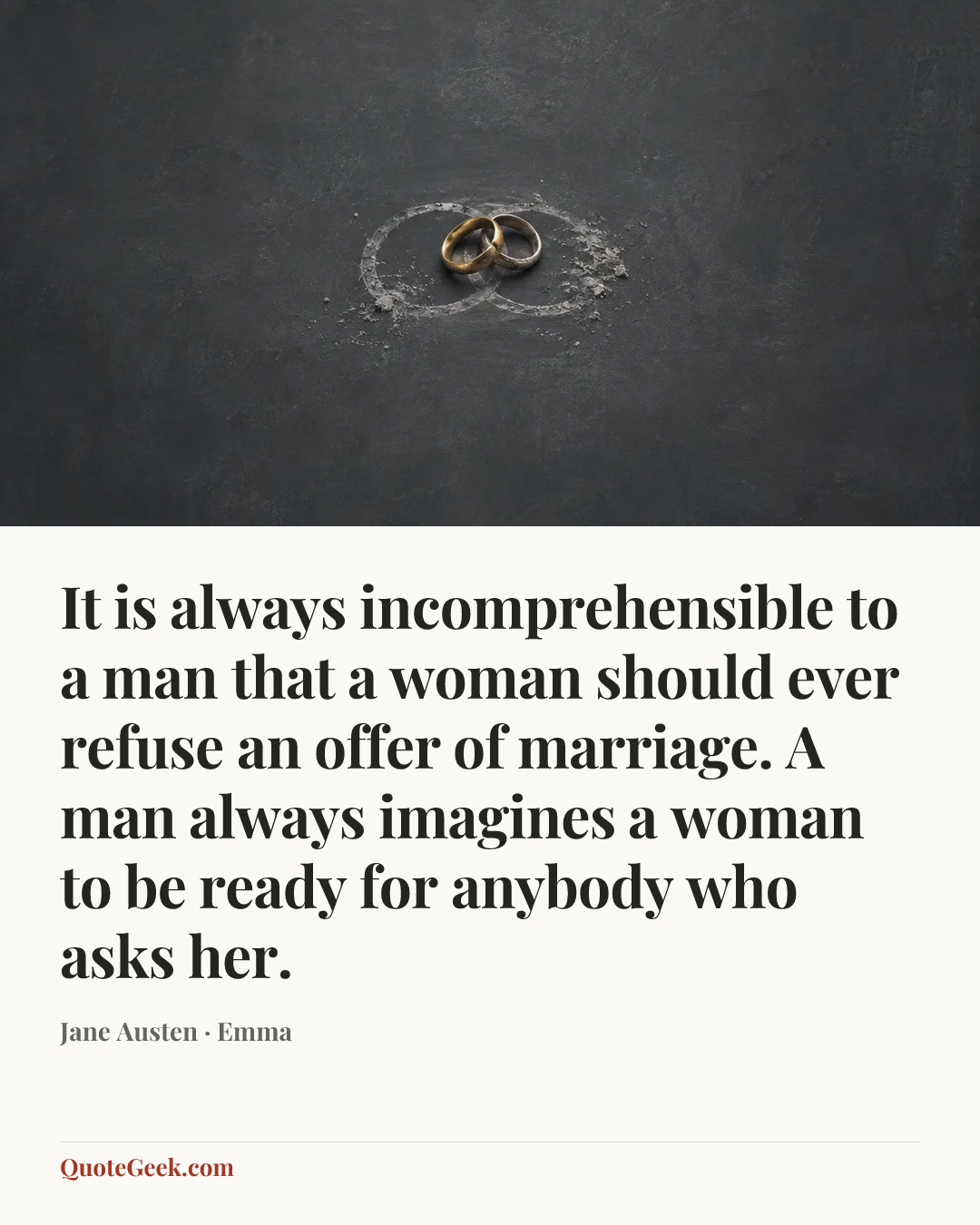 “It is always incomprehensible to a man that a woman should ever refuse an offer of marriage. A man always imagines a woman to be ready for anybody who asks her.” — Jane Austen · Emma. Illustrated QuoteGeek card.