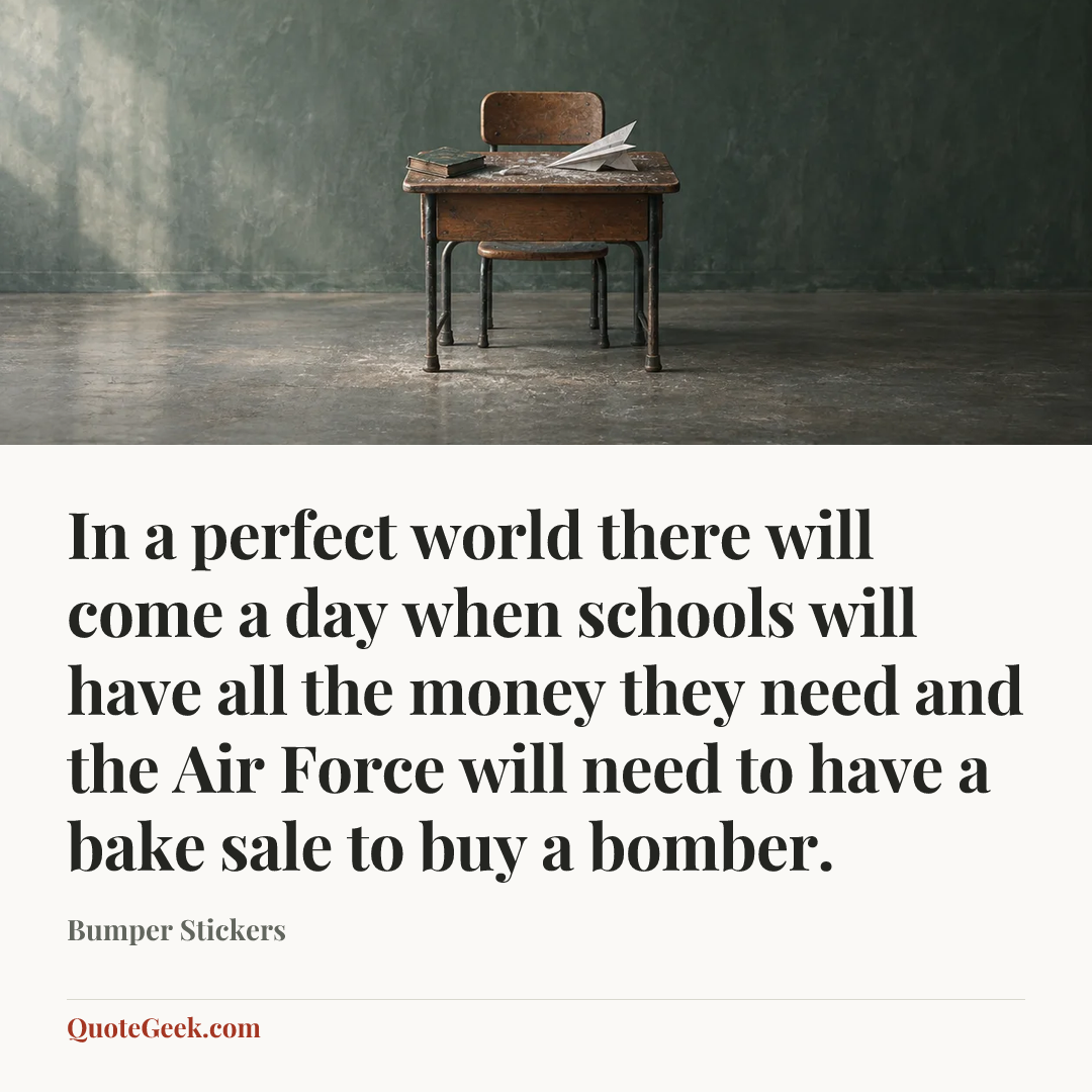“In a perfect world there will come a day when schools will have all the money they need and the Air Force will need to have a bake sale to buy a bomber.” — Bumper Stickers. Illustrated QuoteGeek card.
