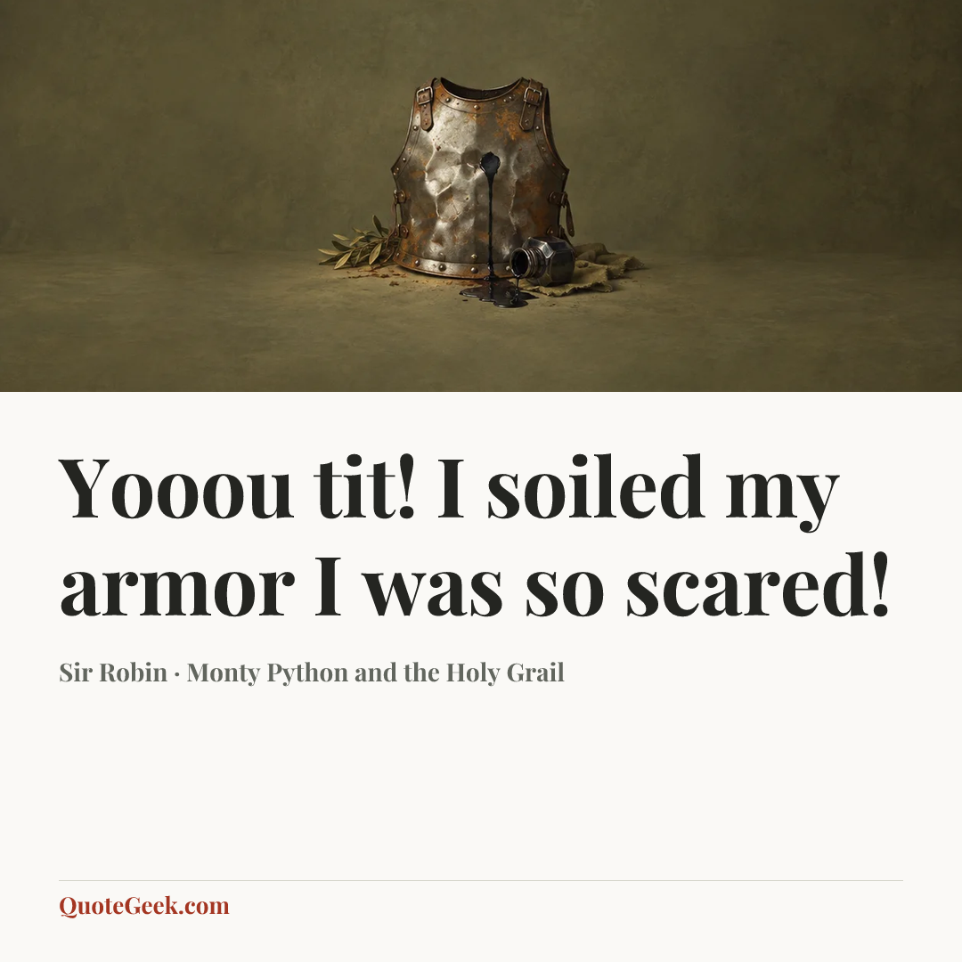 “Yooou tit! I soiled my armor I was so scared!” — Sir Robin · Monty Python and the Holy Grail. Illustrated QuoteGeek card.
