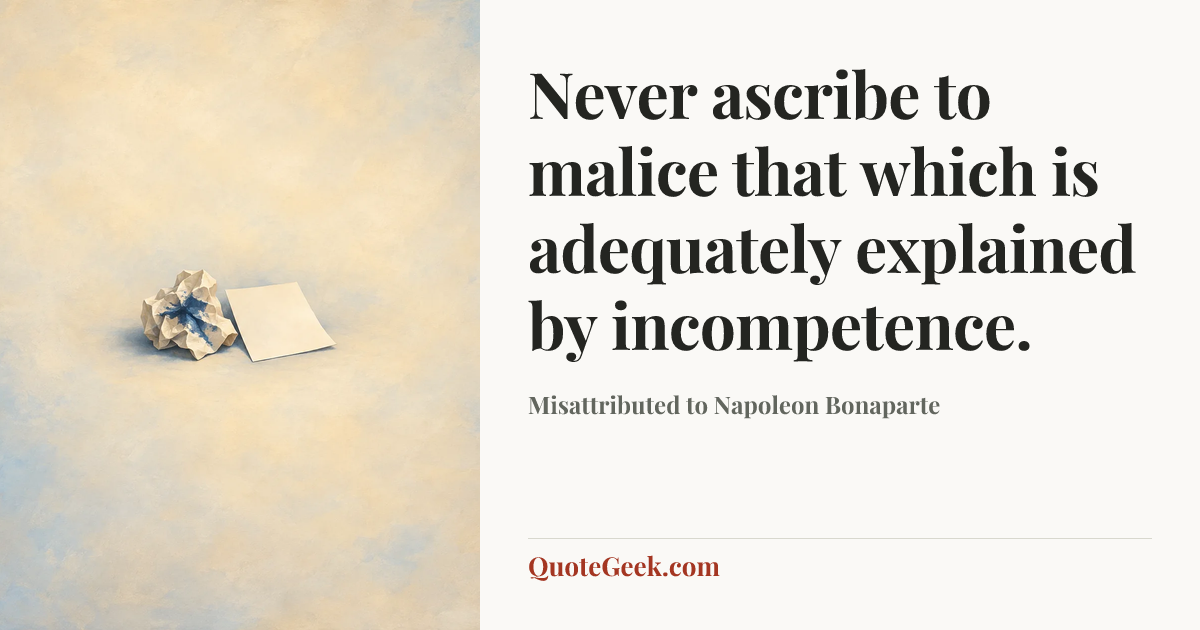 “Never ascribe to malice that which is adequately explained by incompetence.” — Misattributed to Napoleon Bonaparte. Illustrated QuoteGeek card.