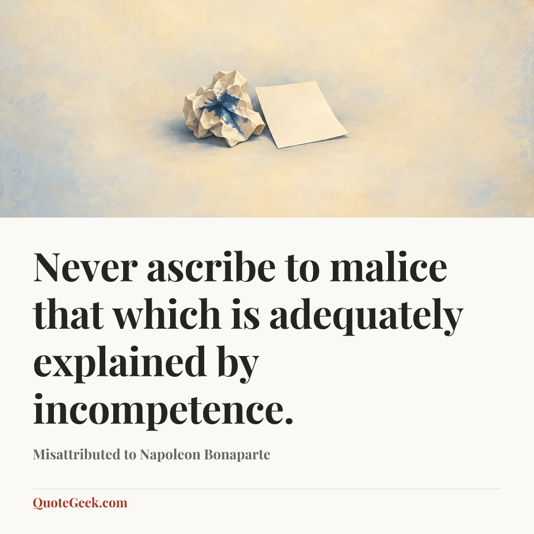 “Never ascribe to malice that which is adequately explained by incompetence.” — Misattributed to Napoleon Bonaparte. Illustrated QuoteGeek card.