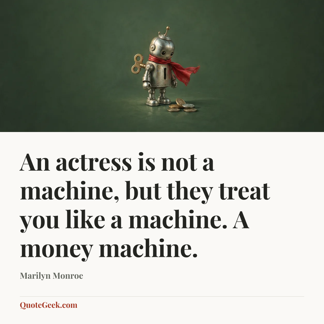 “An actress is not a machine, but they treat you like a machine. A money machine.” — Marilyn Monroe. Illustrated QuoteGeek card.