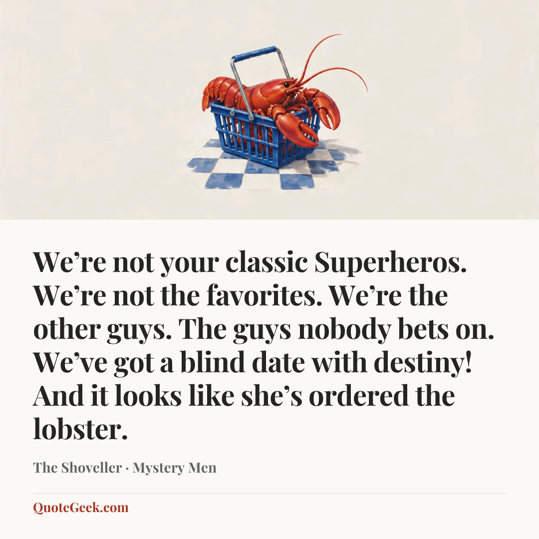 “We’re not your classic Superheros. We’re not the favorites. We’re the other guys. The guys nobody bets on. We’ve got a blind date with destiny! And it looks like she’s ordered the lobster.” — The Shoveller · Mystery Men. Illustrated QuoteGeek card.