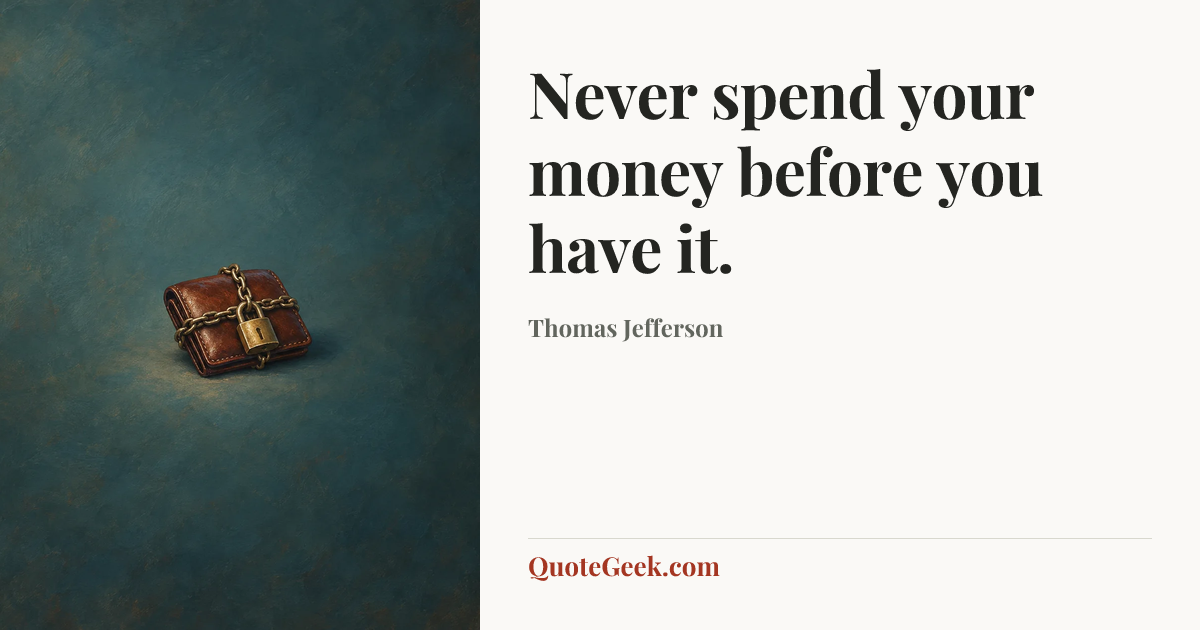 “Never spend your money before you have it.” — Thomas Jefferson. Illustrated QuoteGeek card.