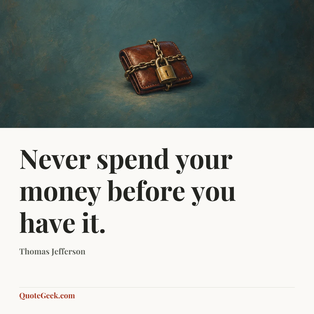 “Never spend your money before you have it.” — Thomas Jefferson. Illustrated QuoteGeek card.