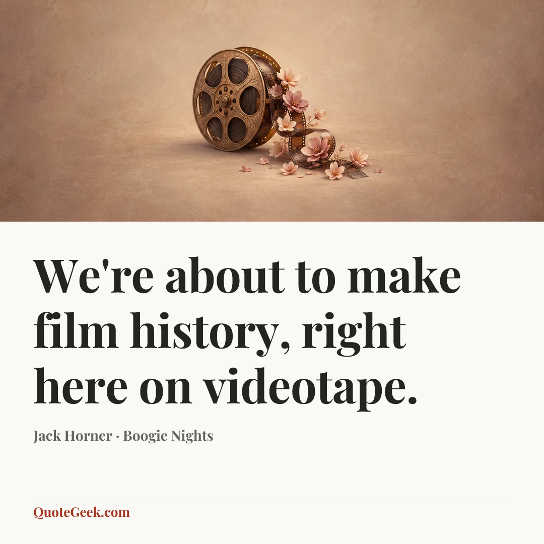 “We're about to make film history, right here on videotape.” — Jack Horner · Boogie Nights. Illustrated QuoteGeek card.
