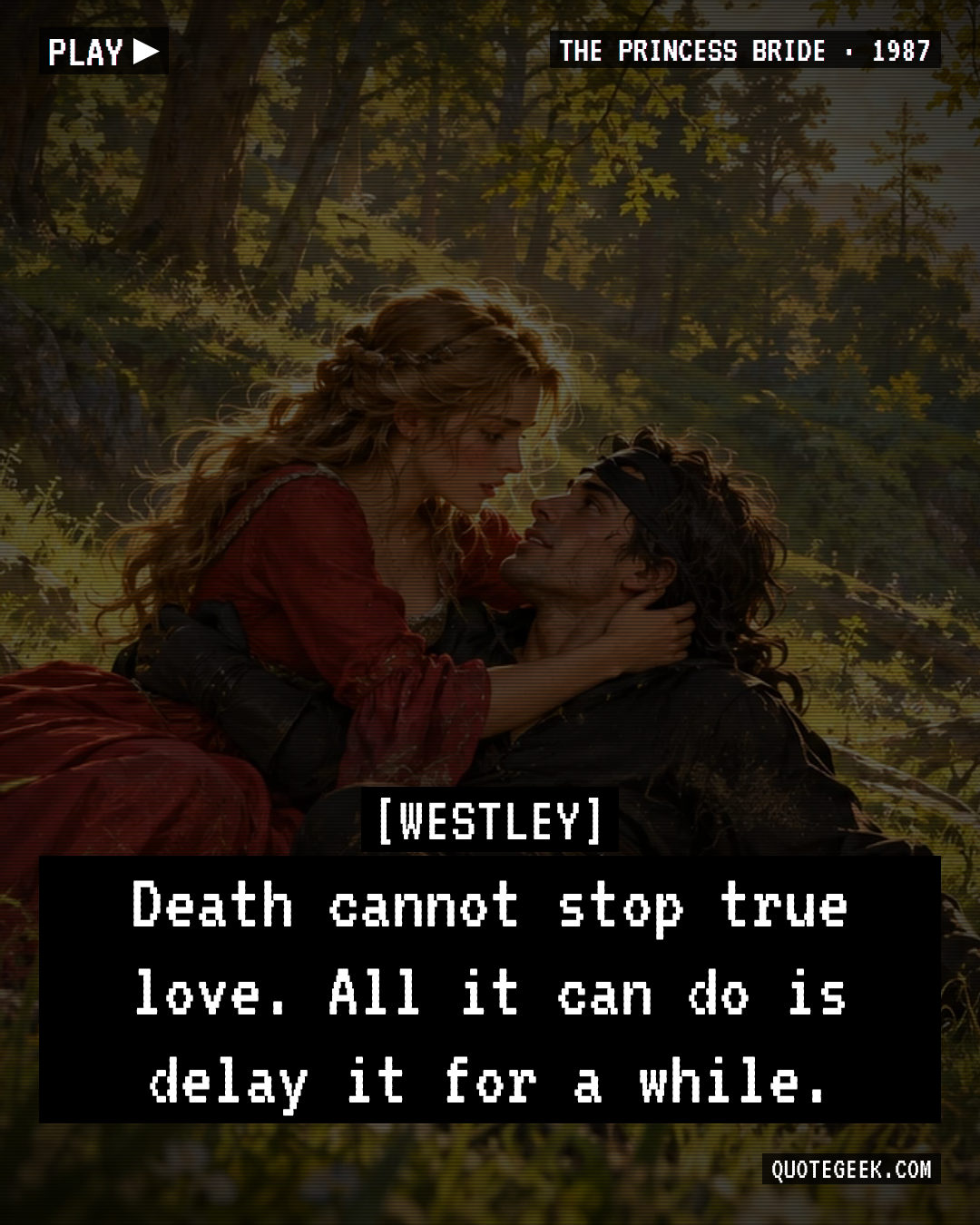 “Death cannot stop true love. All it can do is delay it for a while.” — Westley · The Princess Bride. Illustrated QuoteGeek card.