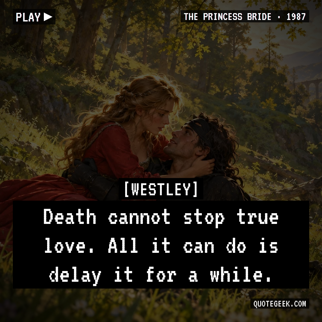 “Death cannot stop true love. All it can do is delay it for a while.” — Westley · The Princess Bride. Illustrated QuoteGeek card.