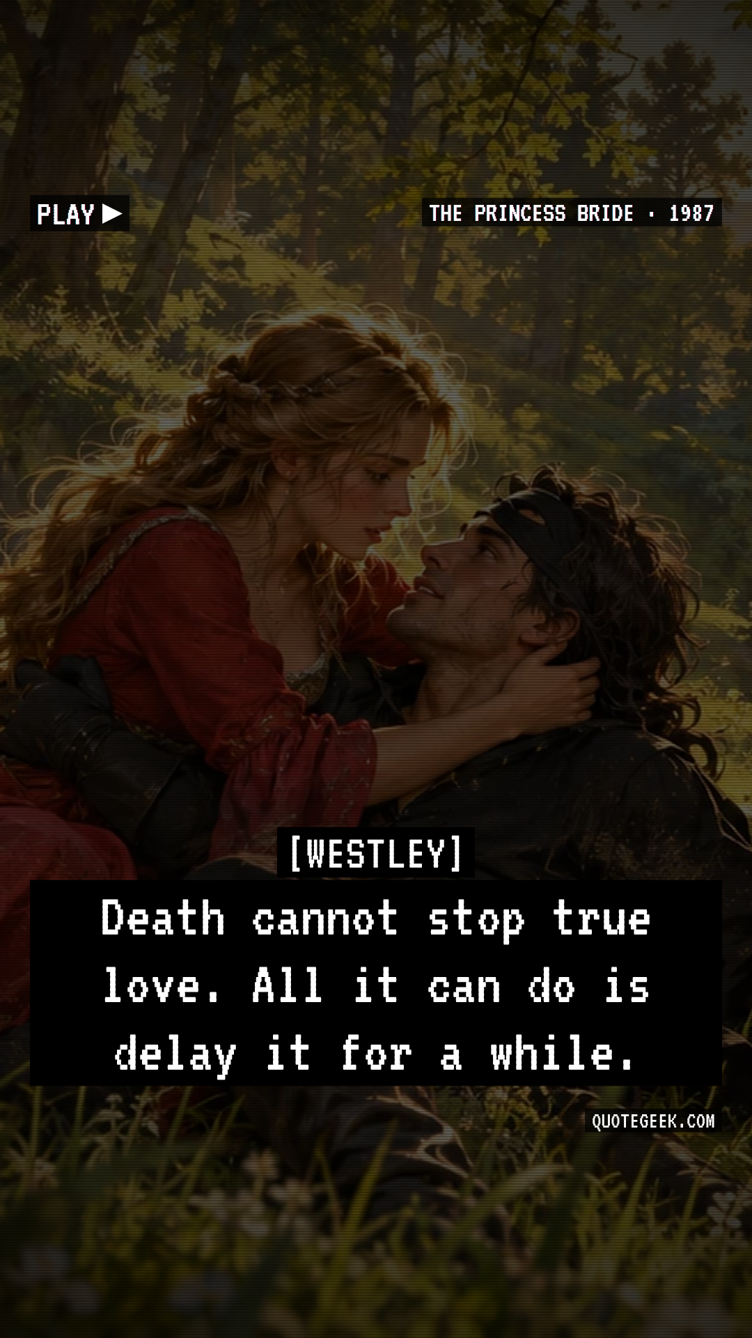 “Death cannot stop true love. All it can do is delay it for a while.” — Westley · The Princess Bride. Illustrated QuoteGeek card.