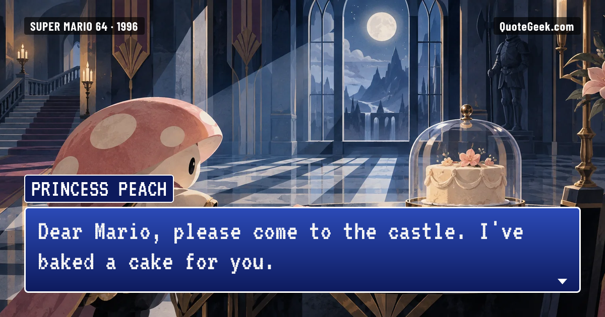 “Dear Mario, please come to the castle. I've baked a cake for you.” — Princess Peach · Super Mario 64. Illustrated QuoteGeek card.