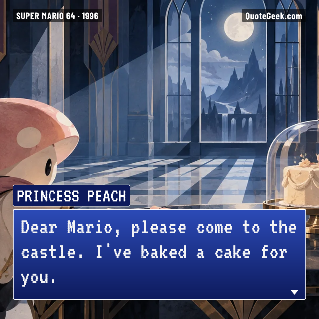 “Dear Mario, please come to the castle. I've baked a cake for you.” — Princess Peach · Super Mario 64. Illustrated QuoteGeek card.