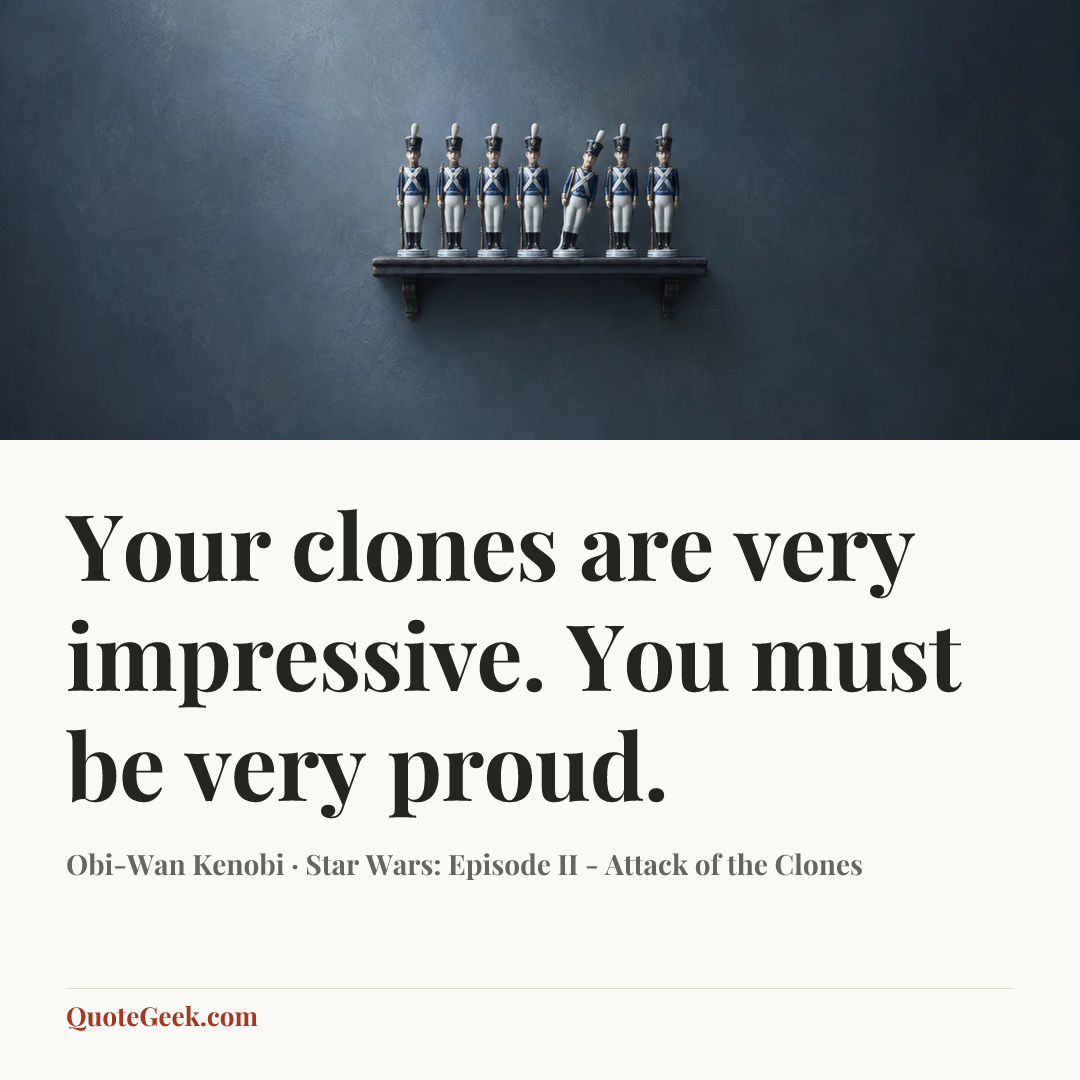 “Your clones are very impressive. You must be very proud.” — Obi-Wan Kenobi · Star Wars: Episode II - Attack of the Clones. Illustrated QuoteGeek card.