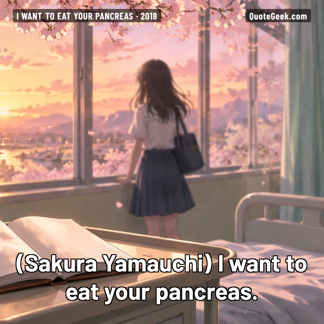 “I want to eat your pancreas.” — Sakura Yamauchi · I Want to Eat Your Pancreas. Illustrated QuoteGeek card.