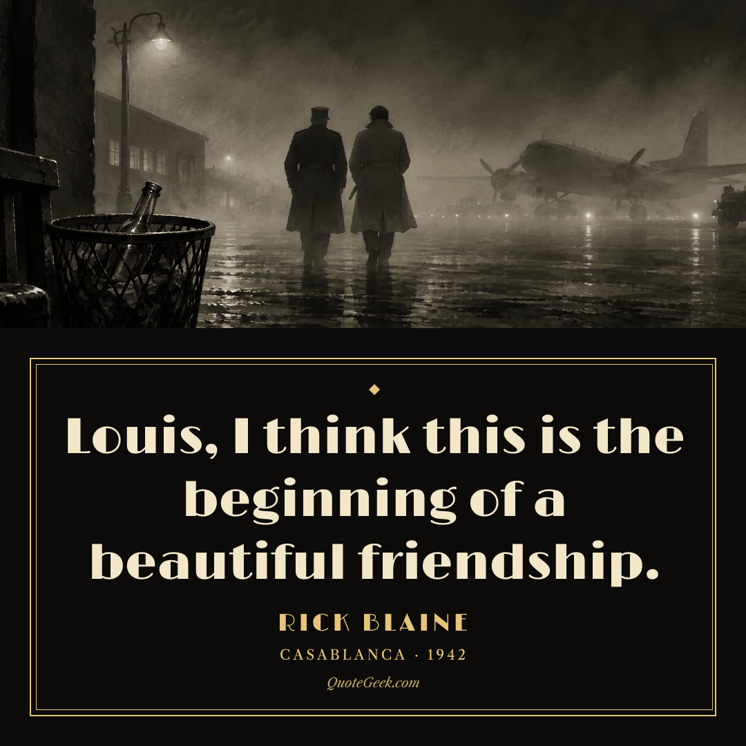 “Louis, I think this is the beginning of a beautiful friendship.” — Rick Blaine · Casablanca. Illustrated QuoteGeek card.