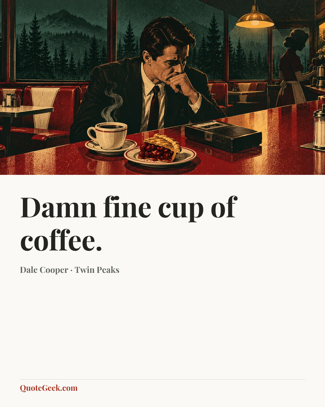 “Damn fine cup of coffee.” — Dale Cooper · Twin Peaks. Illustrated QuoteGeek card.