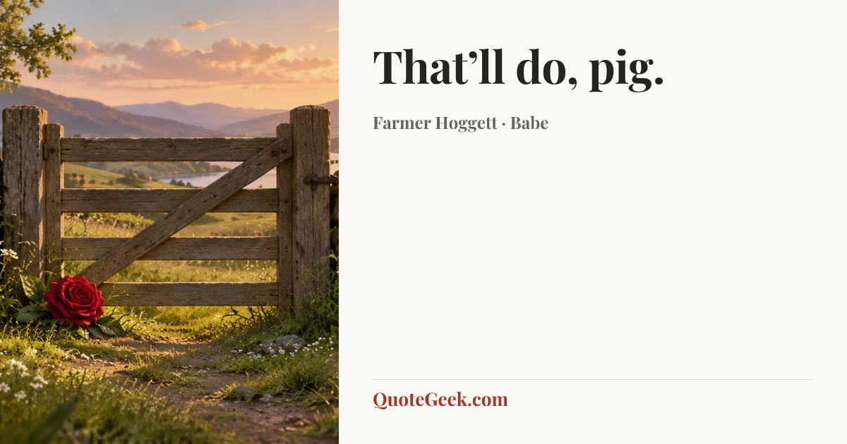 “That’ll do, pig.” — Farmer Hoggett · Babe. Illustrated QuoteGeek card.