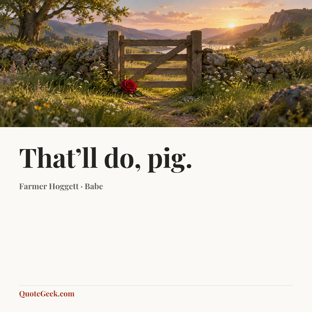 “That’ll do, pig.” — Farmer Hoggett · Babe. Illustrated QuoteGeek card.