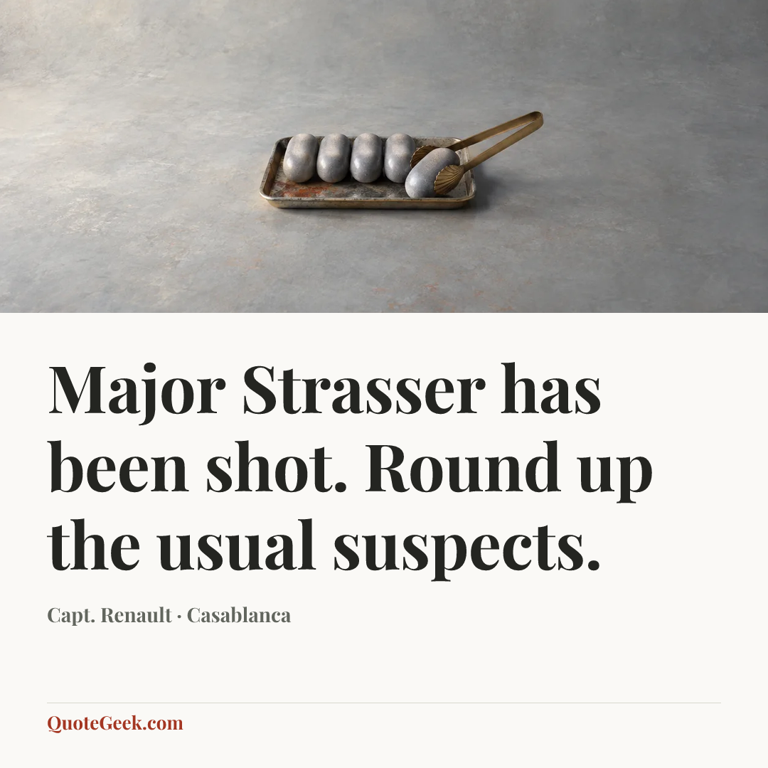 “Major Strasser has been shot. Round up the usual suspects.” — Capt. Renault · Casablanca. Illustrated QuoteGeek card.