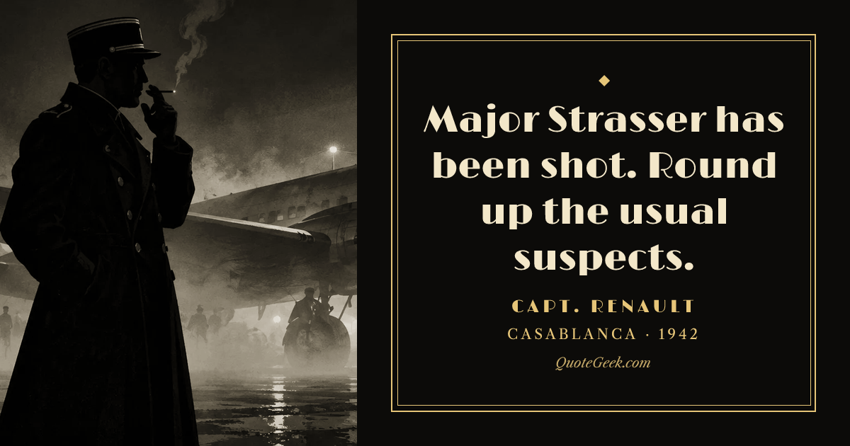 “Major Strasser has been shot. Round up the usual suspects.” — Capt. Renault · Casablanca. Illustrated QuoteGeek card.
