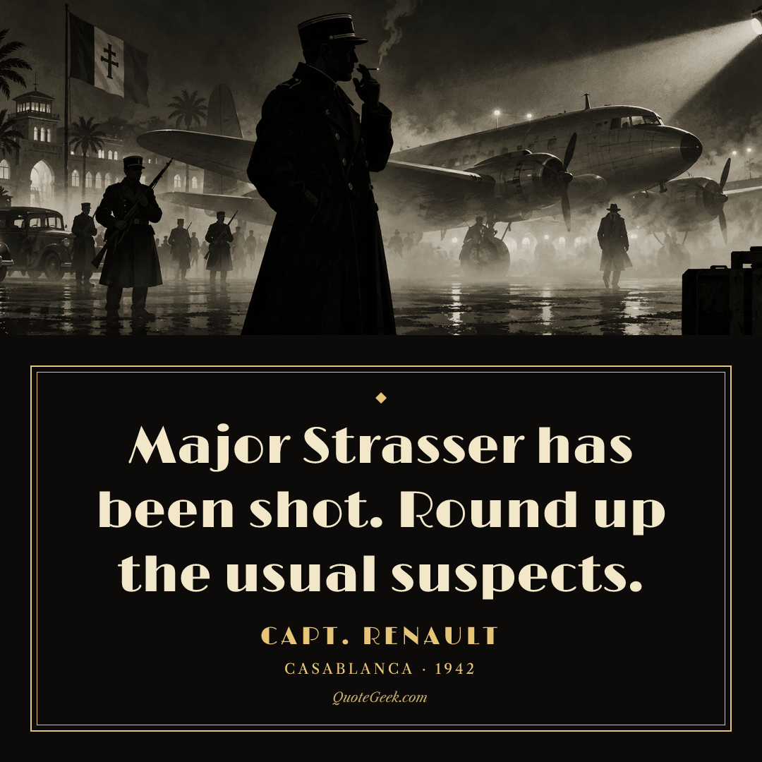 “Major Strasser has been shot. Round up the usual suspects.” — Capt. Renault · Casablanca. Illustrated QuoteGeek card.