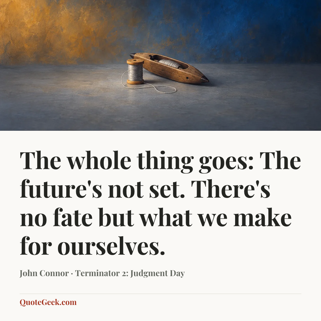 “The whole thing goes: The future's not set. There's no fate but what we make for ourselves.” — John Connor · Terminator 2: Judgment Day. Illustrated QuoteGeek card.