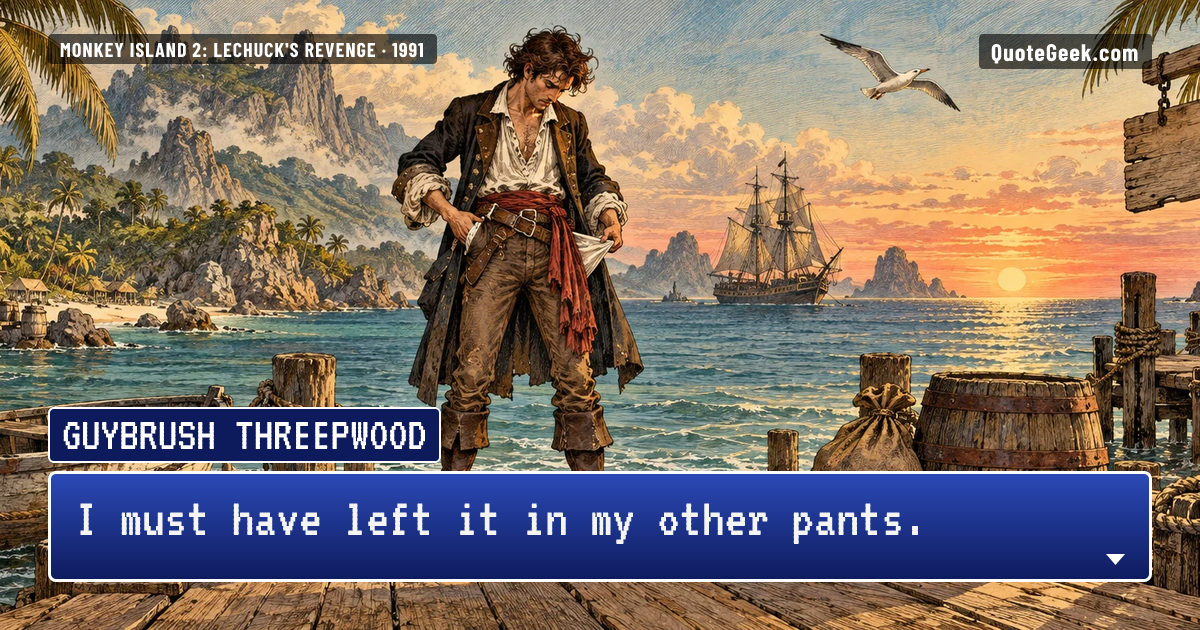 “I must have left it in my other pants.” — Guybrush Threepwood · Monkey Island 2: LeChuck's Revenge. Illustrated QuoteGeek card.