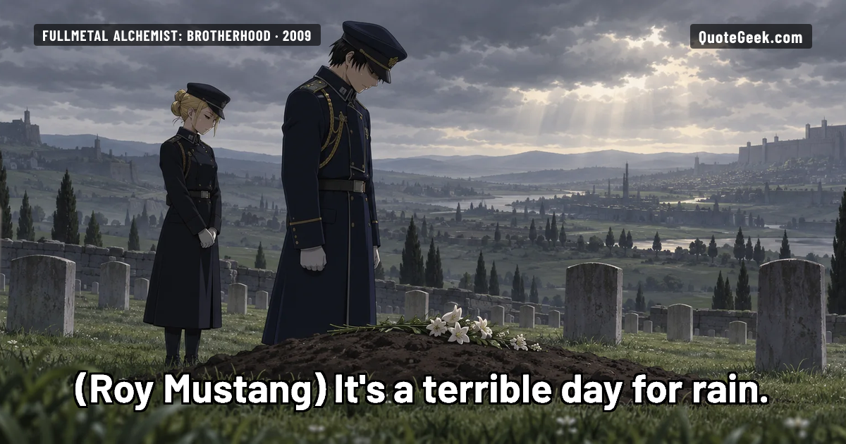 “It's a terrible day for rain.” — Roy Mustang · Fullmetal Alchemist: Brotherhood. Illustrated QuoteGeek card.
