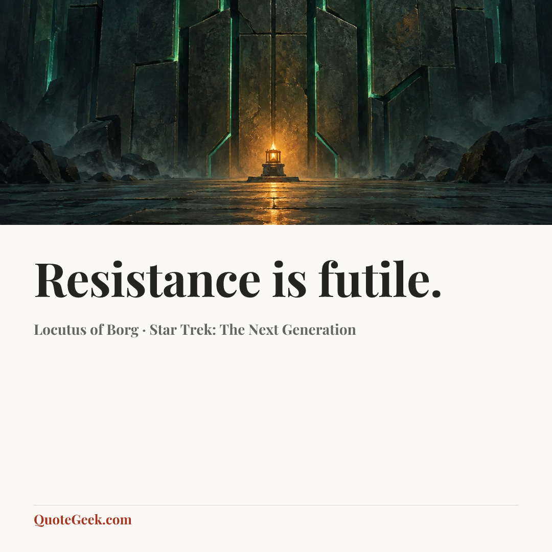 “Resistance is futile.” — Locutus of Borg · Star Trek: The Next Generation. Illustrated QuoteGeek card.