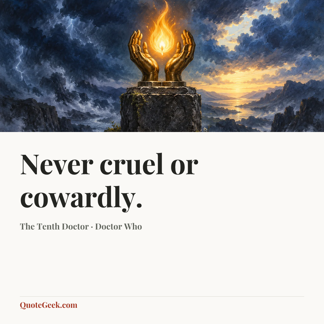 “Never cruel or cowardly.” — The Tenth Doctor · Doctor Who. Illustrated QuoteGeek card.