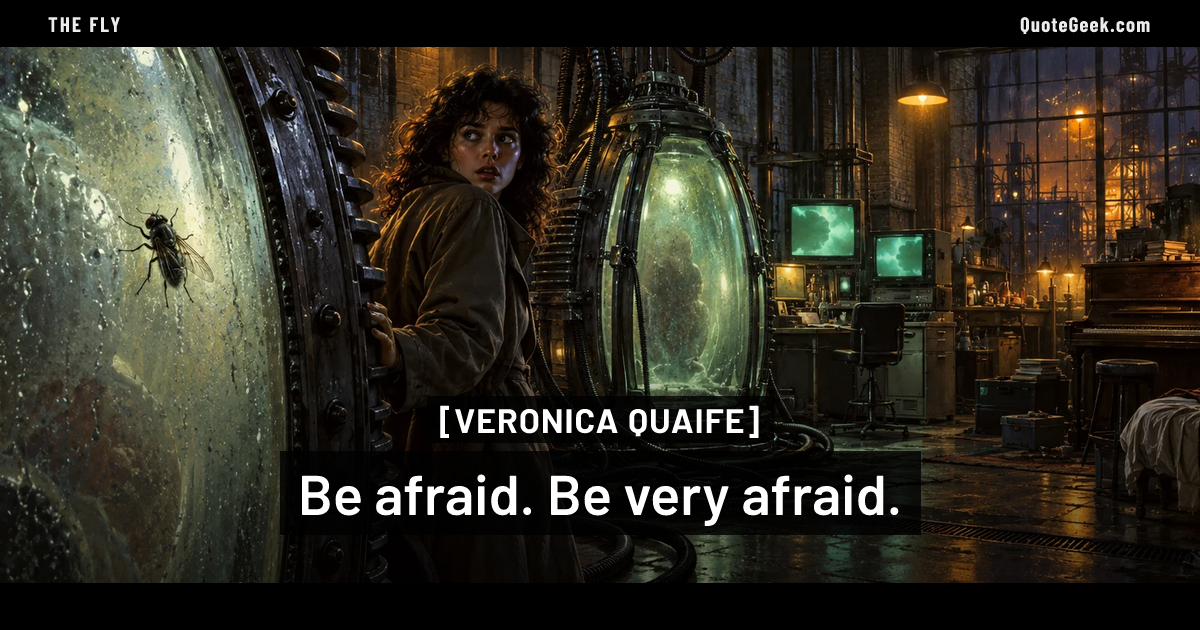 “Be afraid. Be very afraid.” — Veronica Quaife · The Fly. Illustrated QuoteGeek card.