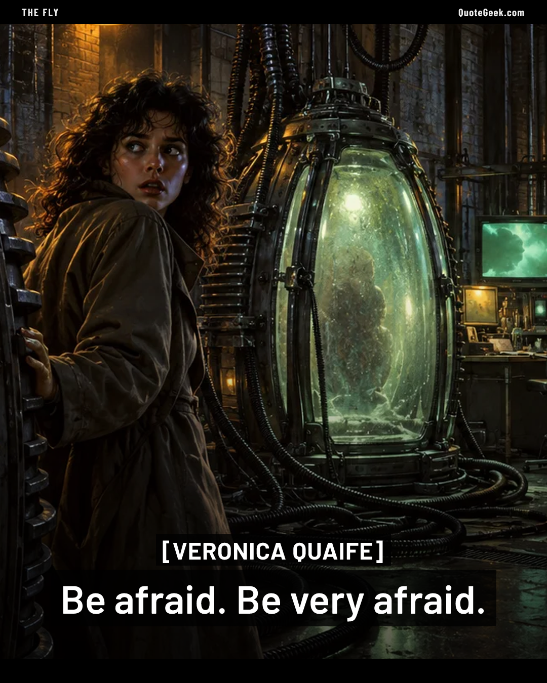 “Be afraid. Be very afraid.” — Veronica Quaife · The Fly. Illustrated QuoteGeek card.