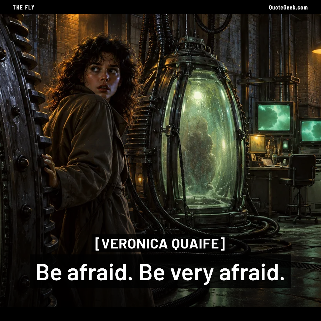 “Be afraid. Be very afraid.” — Veronica Quaife · The Fly. Illustrated QuoteGeek card.