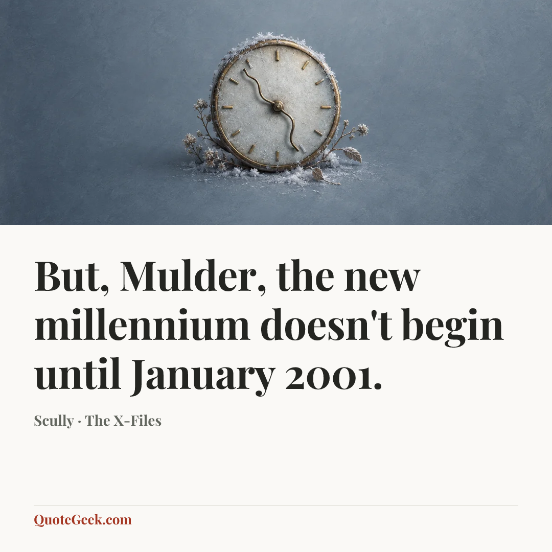 “But, Mulder, the new millennium doesn't begin until January 2001.” — Scully · The X-Files. Illustrated QuoteGeek card.