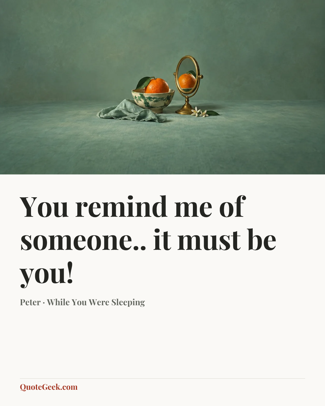“You remind me of someone.. it must be you!” — Peter · While You Were Sleeping. Illustrated QuoteGeek card.